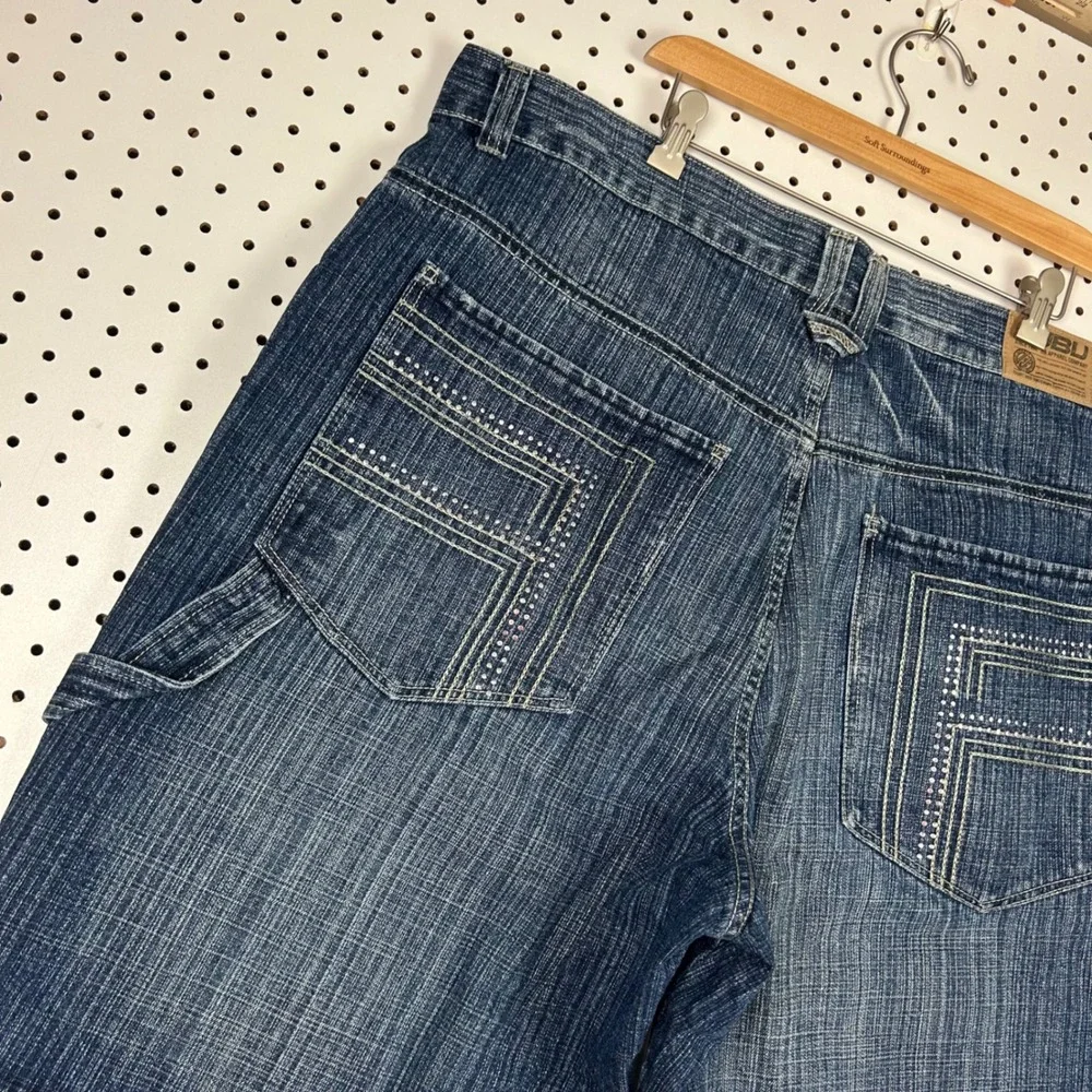 FUBU The Collection Sz 44 Denim Carpenter Shorts Blue Rhinestone Baggy Y2K Work
